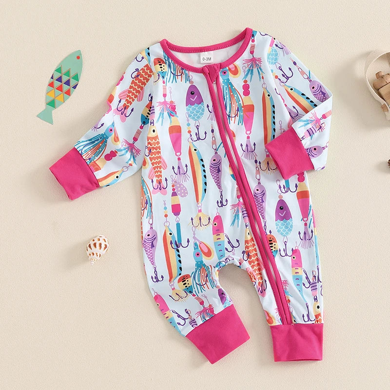 Baby Boys Girls Autumn Casual Romper Long Sleeve Crew Neck Fish Print Zipper Jumpsuit — kids fishing gear, view 15