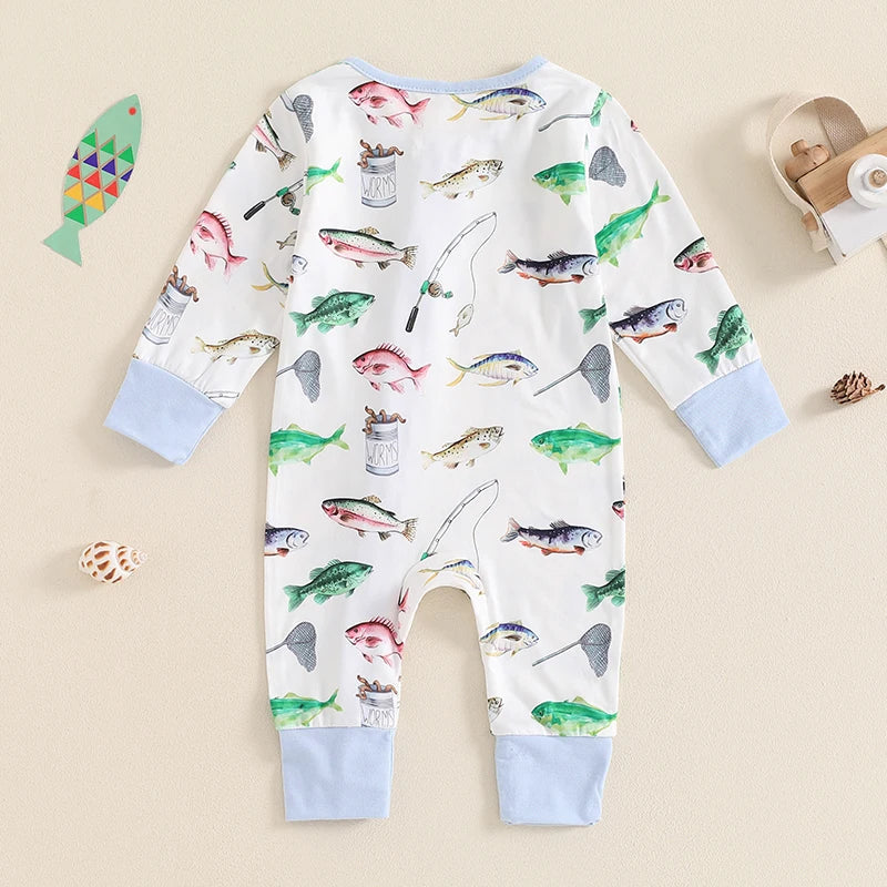 Baby Boys Girls Autumn Casual Romper Long Sleeve Crew Neck Fish Print Zipper Jumpsuit — kids fishing gear, view 3