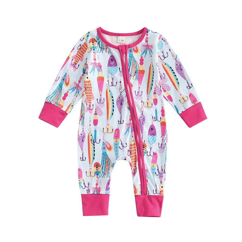 Baby Boys Girls Autumn Casual Romper Long Sleeve Crew Neck Fish Print Zipper Jumpsuit — kids fishing gear, view 8