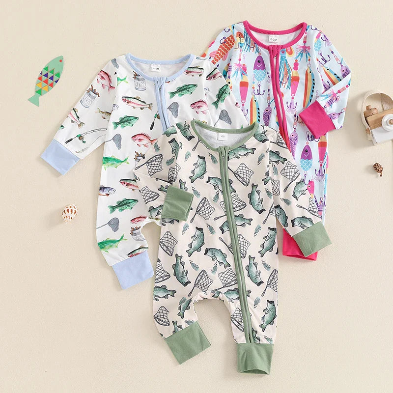 Baby Boys Girls Autumn Casual Romper Long Sleeve Crew Neck Fish Print Zipper Jumpsuit — kids fishing gear