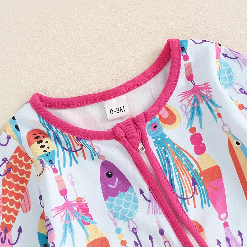 Baby Boys Girls Autumn Casual Romper Long Sleeve Crew Neck Fish Print Zipper Jumpsuit — kids fishing gear, view 13