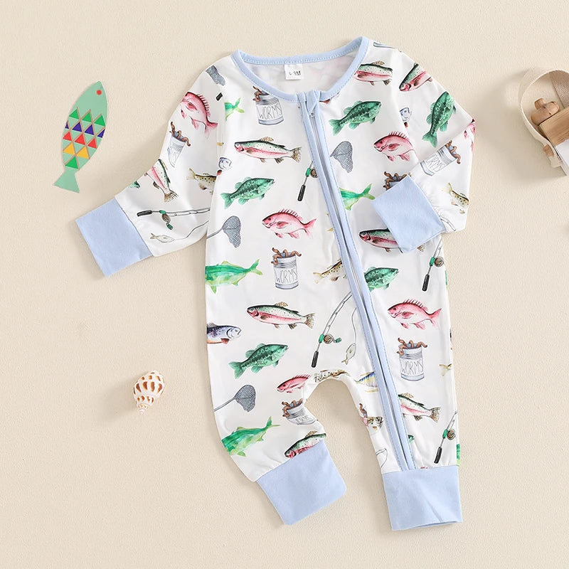 Baby Boys Girls Autumn Casual Romper Long Sleeve Crew Neck Fish Print Zipper Jumpsuit — kids fishing gear, view 2