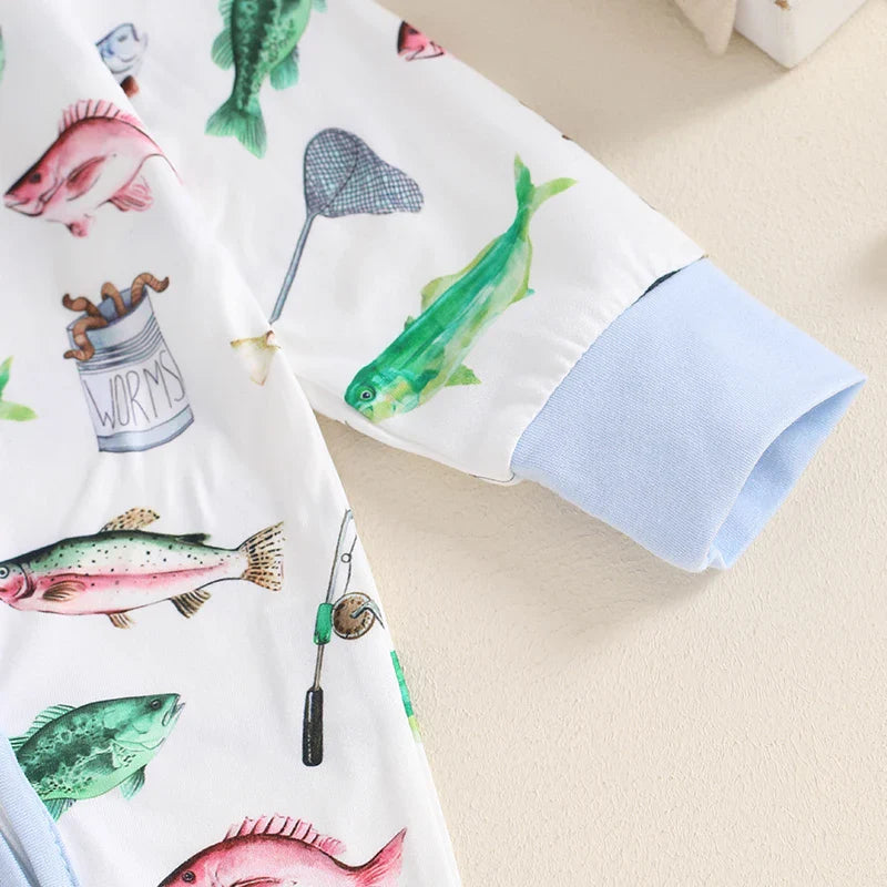 Baby Boys Girls Autumn Casual Romper Long Sleeve Crew Neck Fish Print Zipper Jumpsuit — kids fishing gear, view 5
