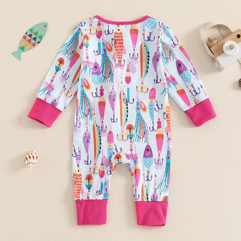 Baby Boys Girls Autumn Casual Romper Long Sleeve Crew Neck Fish Print Zipper Jumpsuit — kids fishing gear, view 17