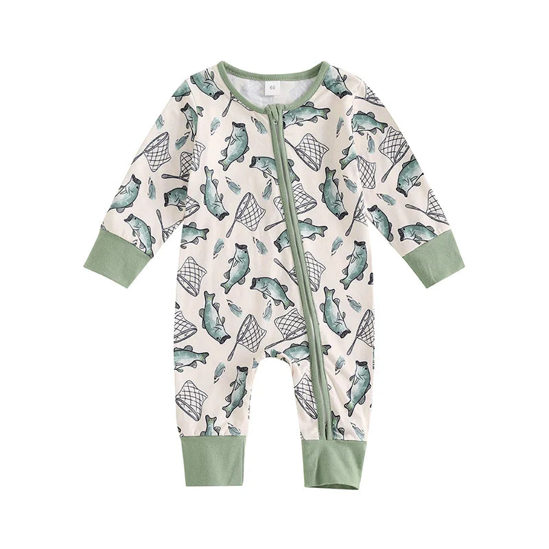 Baby Boys Girls Autumn Casual Romper Long Sleeve Crew Neck Fish Print Zipper Jumpsuit — kids fishing gear, view 9