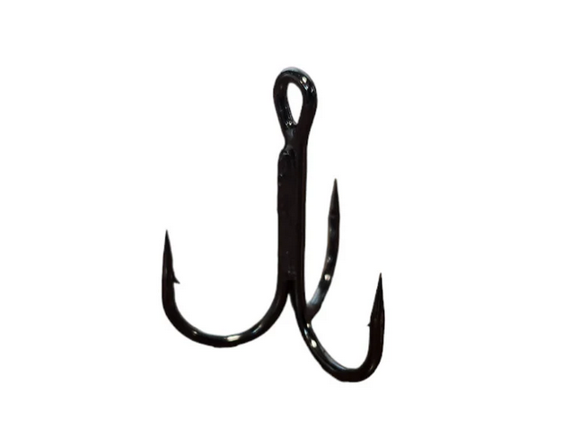 Black treble fishing hook on a white background