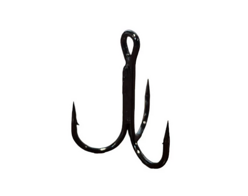 Black treble fishing hook on a white background