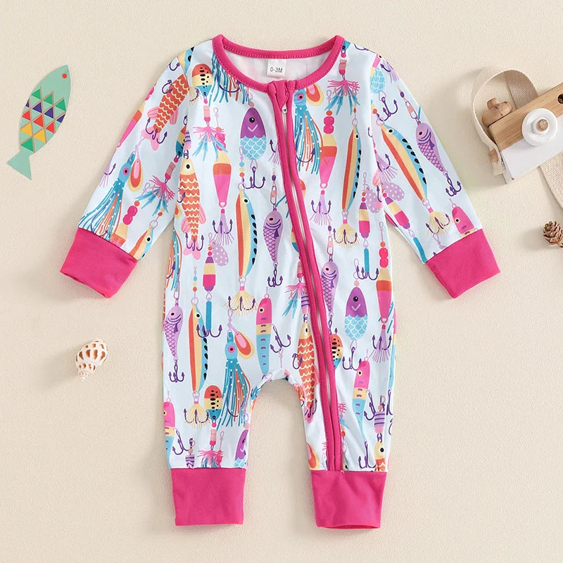 Baby Boys Girls Autumn Casual Romper Long Sleeve Crew Neck Fish Print Zipper Jumpsuit — kids fishing gear, view 16
