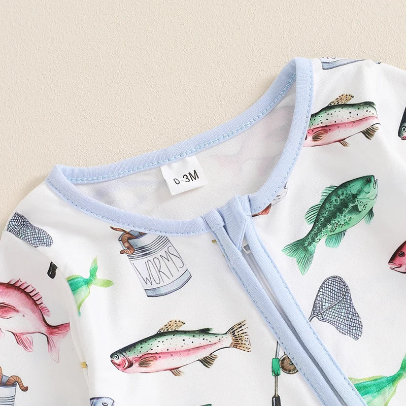 Baby Boys Girls Autumn Casual Romper Long Sleeve Crew Neck Fish Print Zipper Jumpsuit — kids fishing gear, view 18