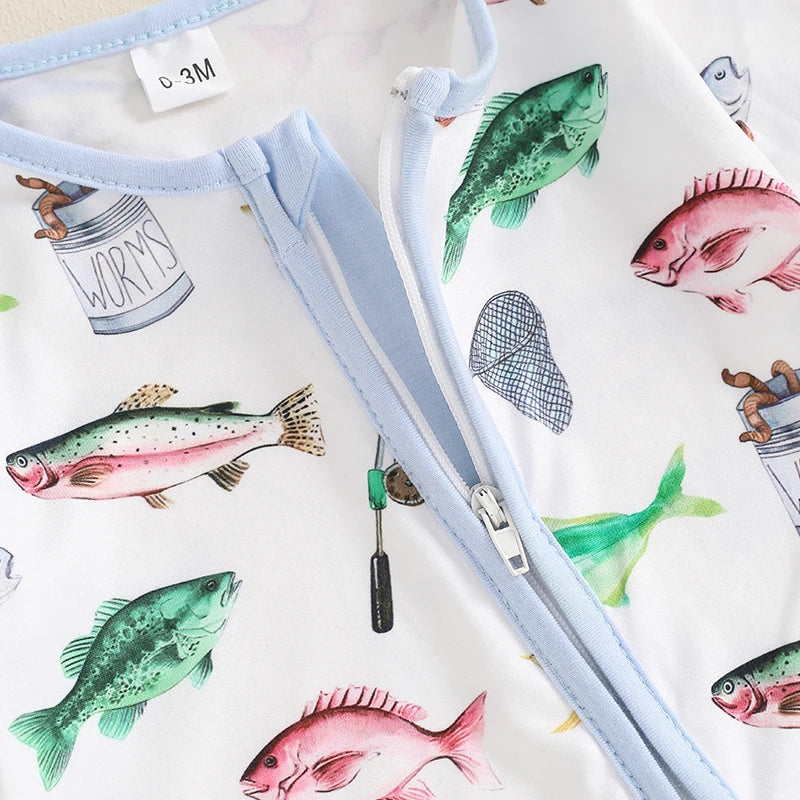 Baby Boys Girls Autumn Casual Romper Long Sleeve Crew Neck Fish Print Zipper Jumpsuit — kids fishing gear, view 4