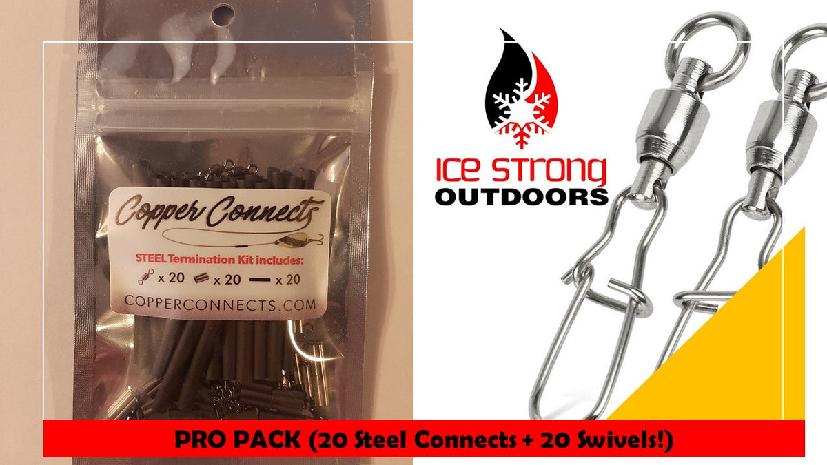 Copper Connects packaging with fishing equipment and Ice Strong Outdoors logo.