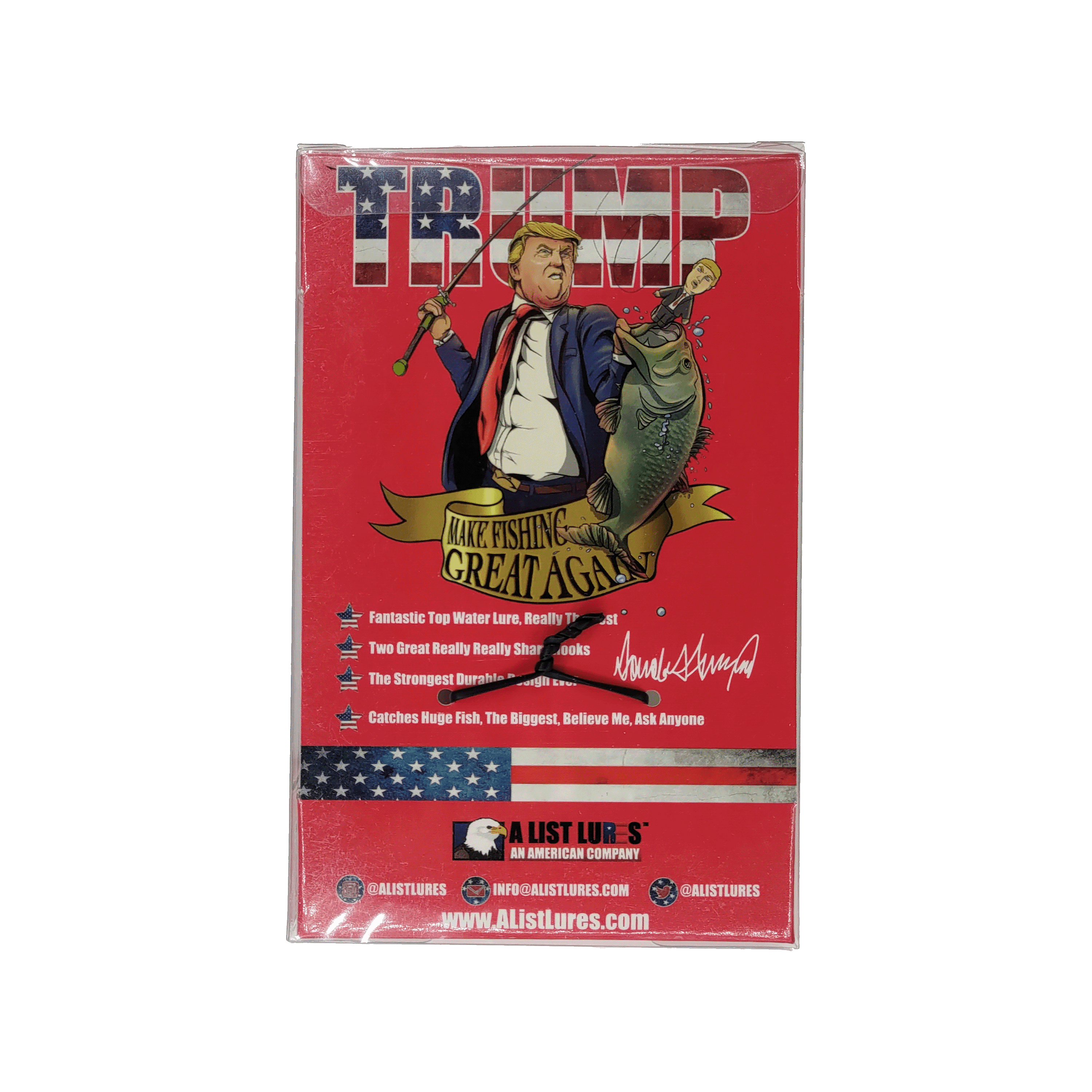 Fishing lure packaging with a graphic of a person fishing and text on a red background