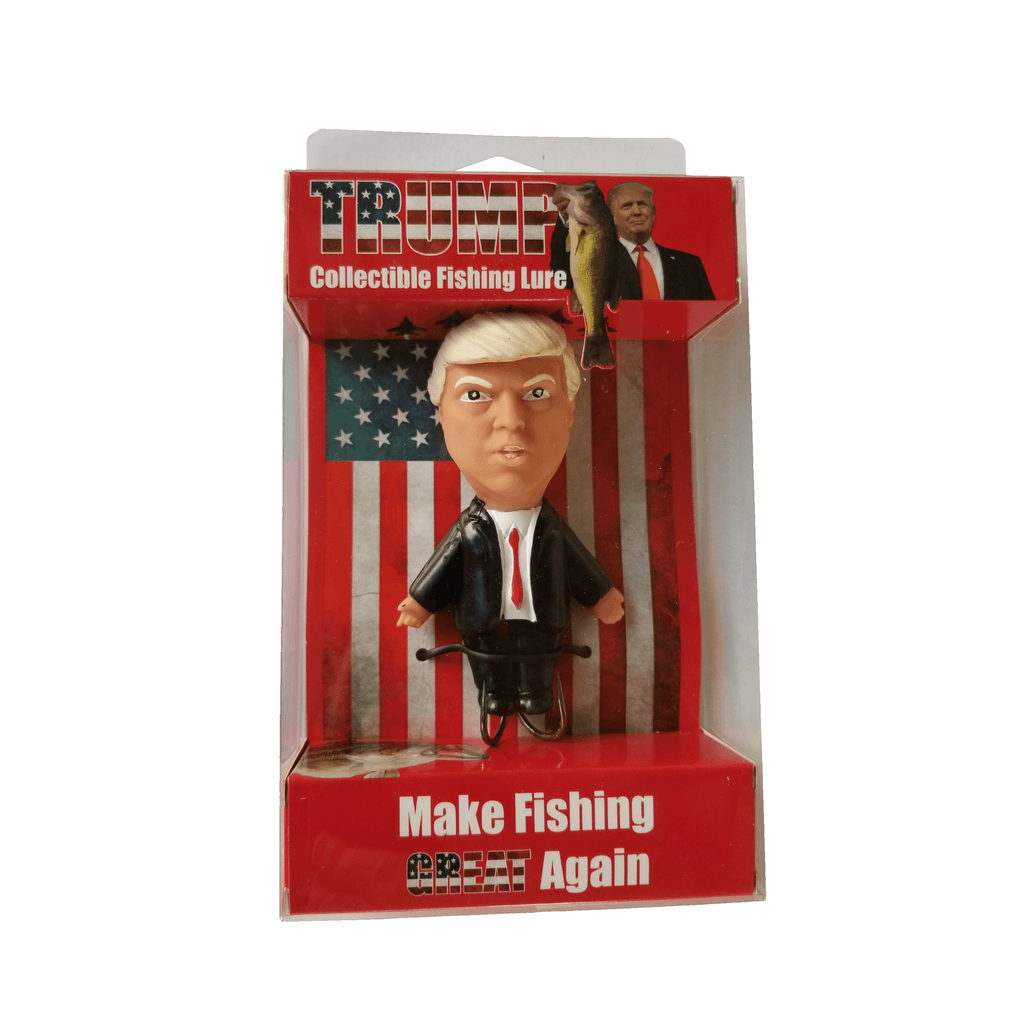 Fishing lure with a bobblehead figure of a political figure in packaging with American flag design.