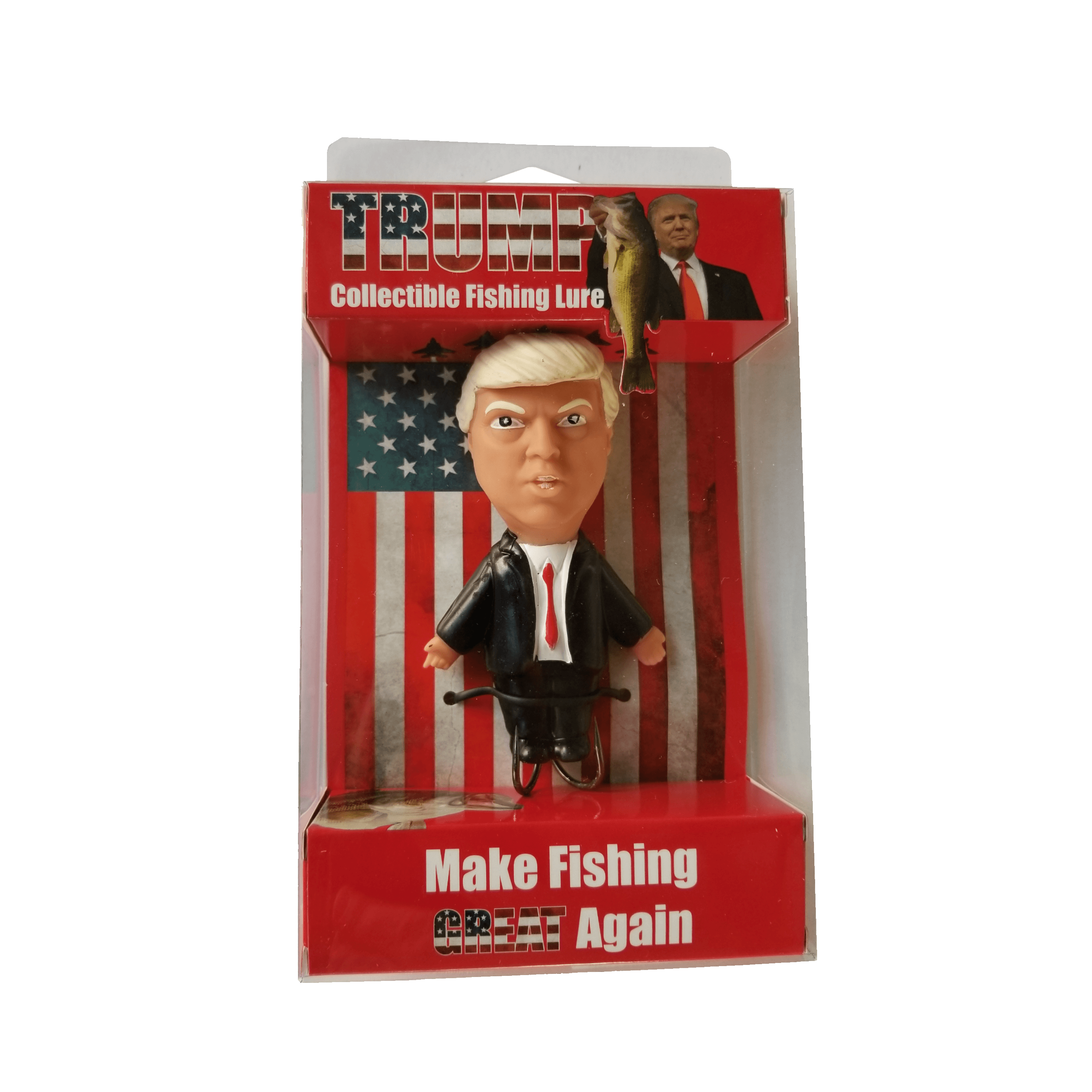 Fishing lure with a bobblehead figure of a political figure in packaging with American flag design.