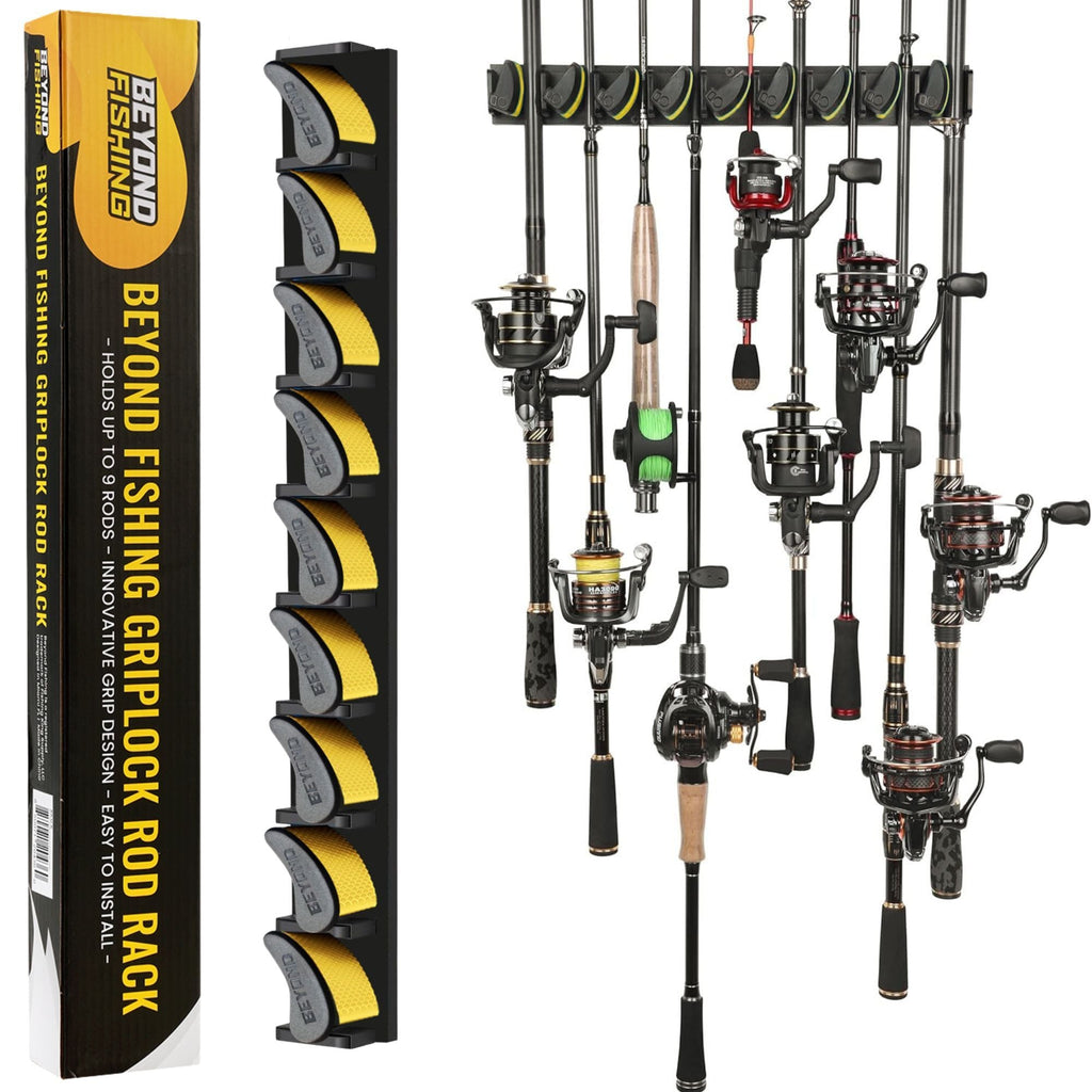 Fishing rod rack with multiple fishing rods and Beyond Fishing GripLock Rod Rack packaging.
