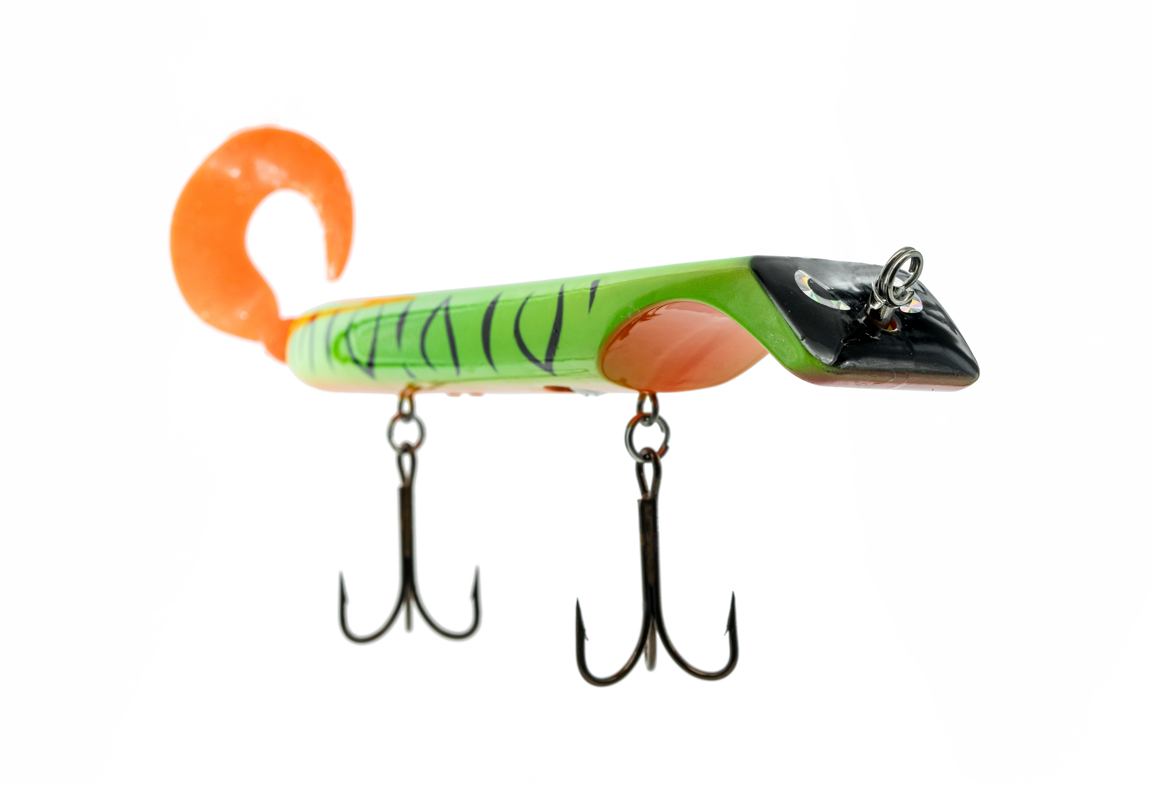 Colorful fishing lure with two treble hooks on a white background
