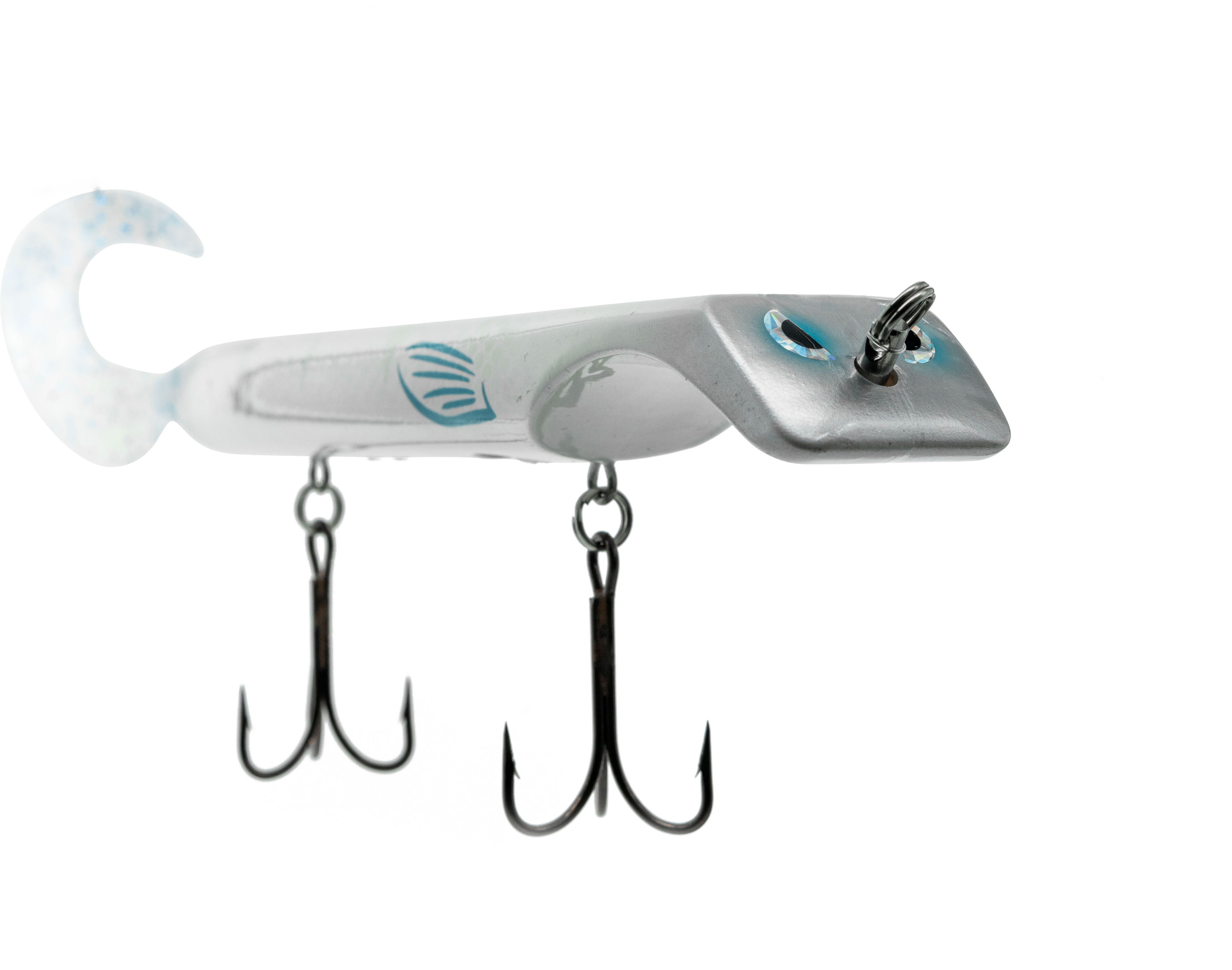 Fishing lure with treble hooks on a white background