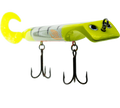 Fishing lure with a yellow body and black treble hooks on a white background