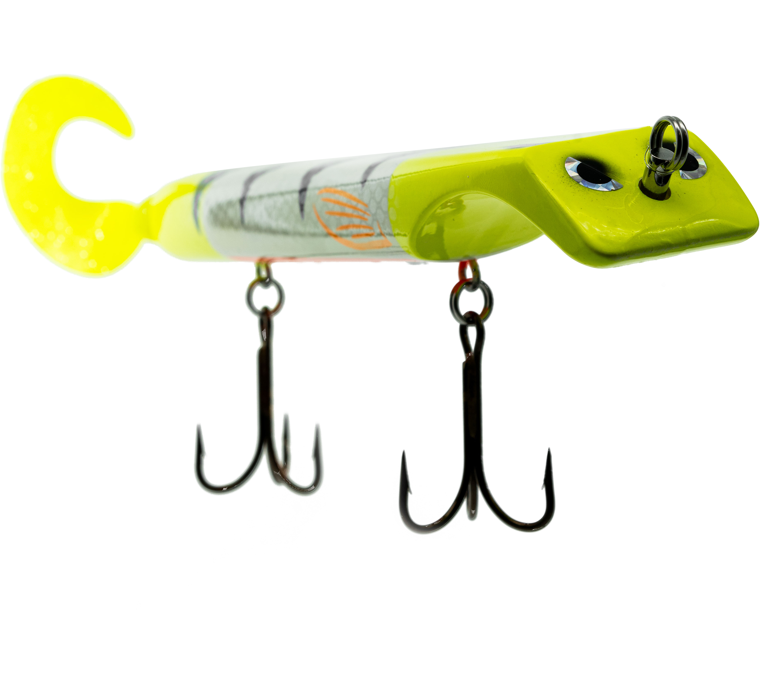Fishing lure with a yellow body and black treble hooks on a white background