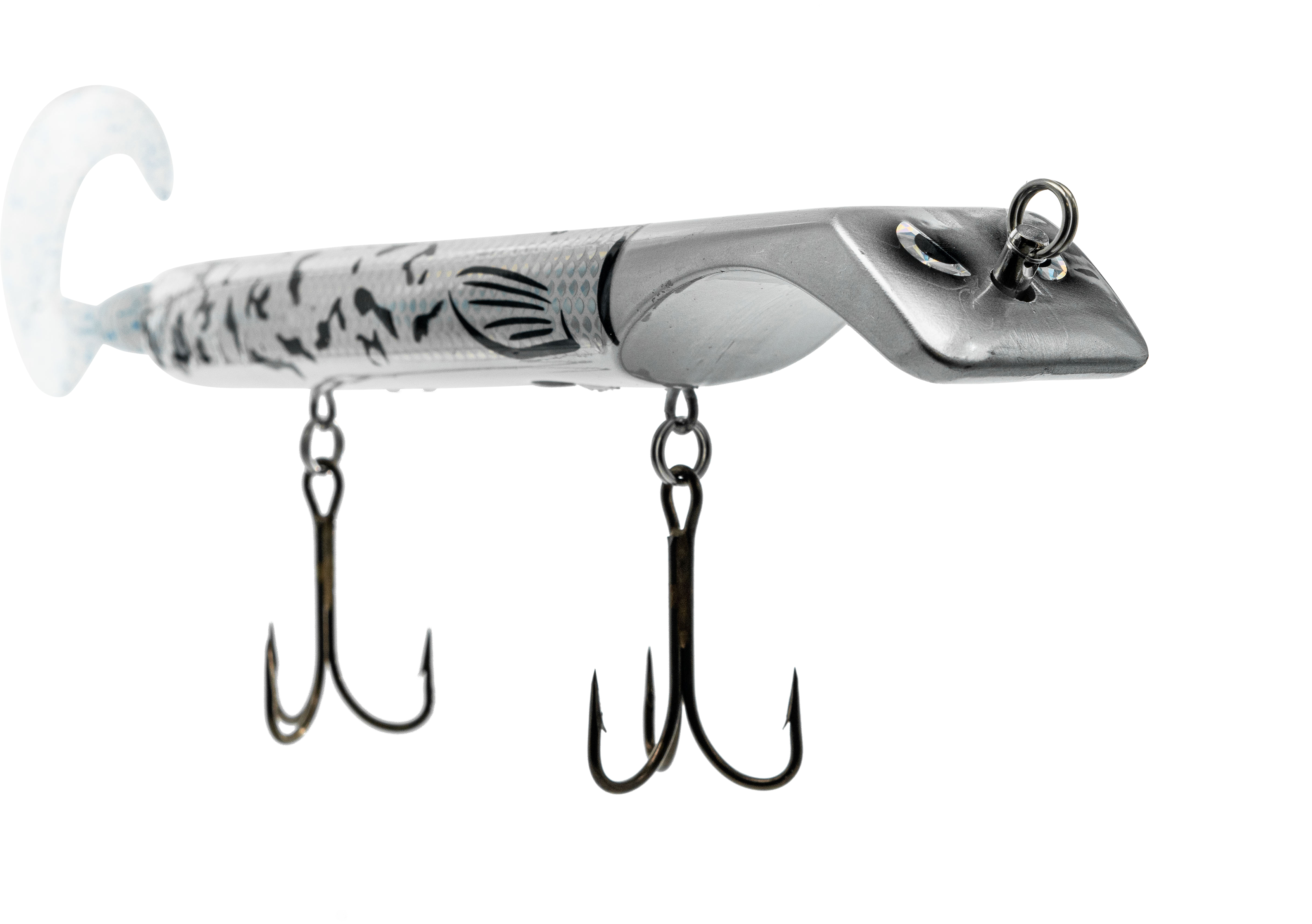 Fishing lure with multiple hooks on a white background
