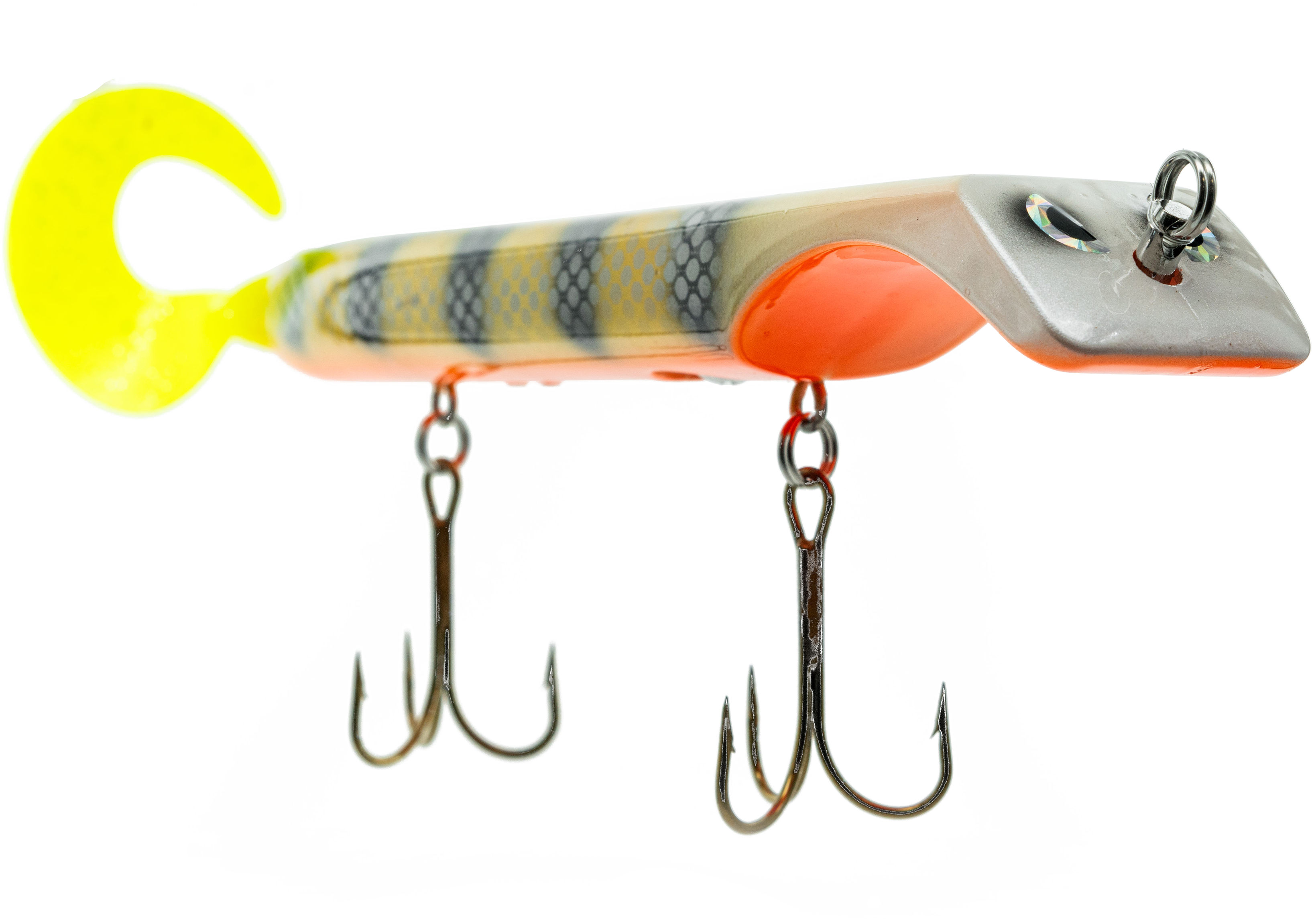 Fishing lure with a striped body, orange accent, and treble hooks on a white background