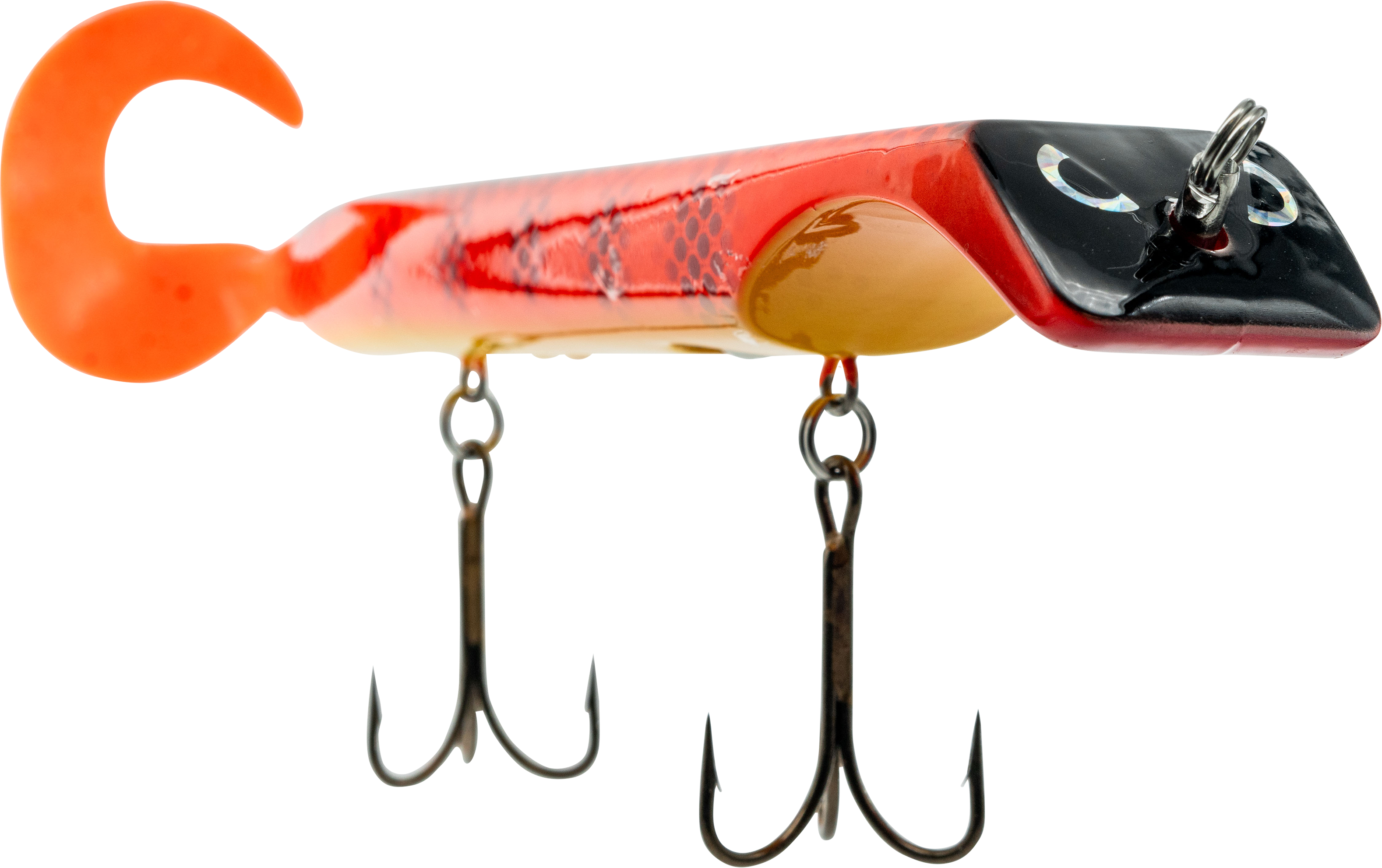 Fishing lure with multiple hooks on a white background