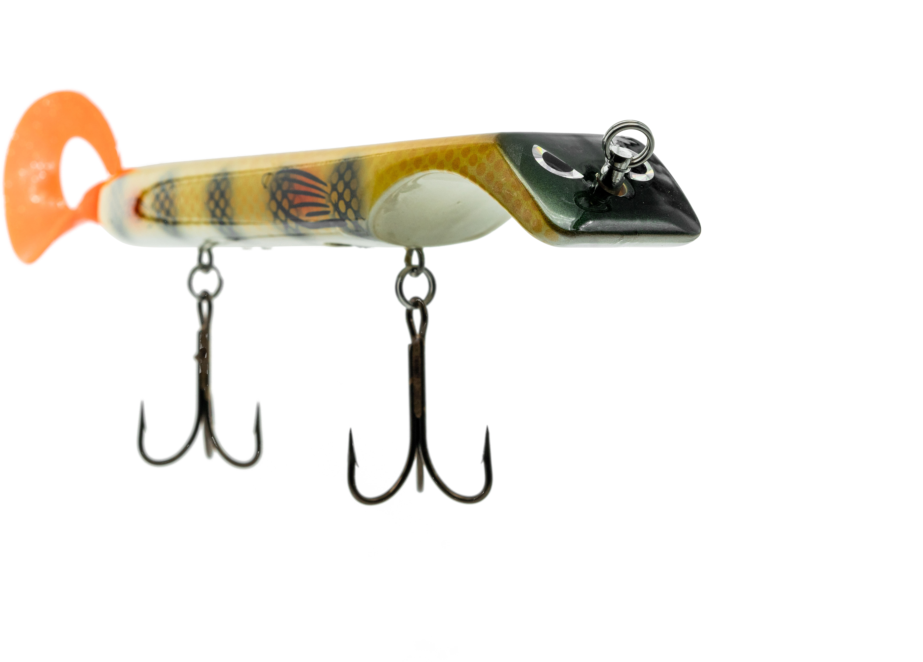 Fishing lure with multiple hooks on a white background