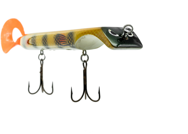 Fishing lure with multiple hooks on a white background