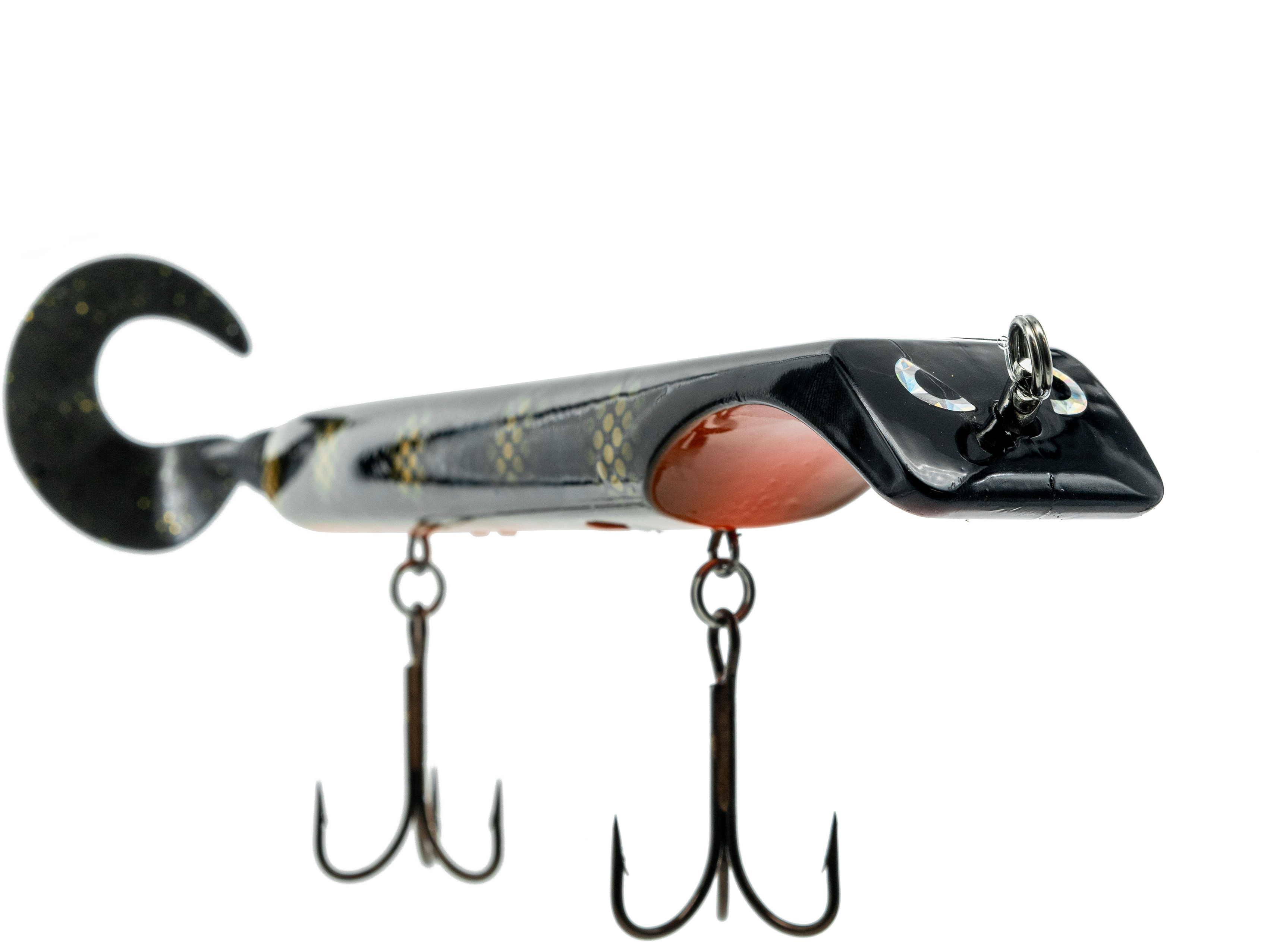 Fishing lure with multiple hooks on a white background