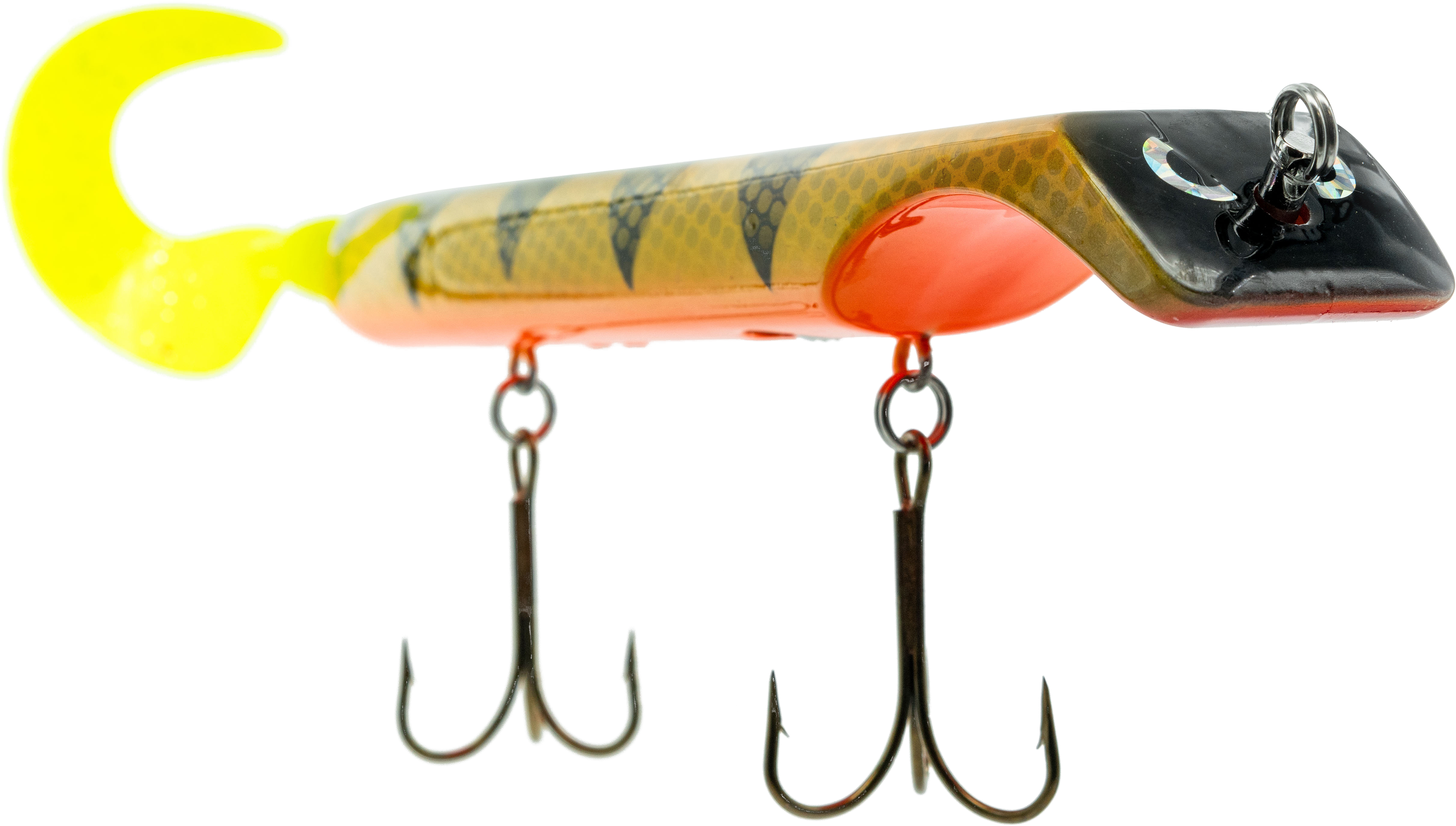 Fishing lure with a yellow hook and multiple treble hooks on a white background