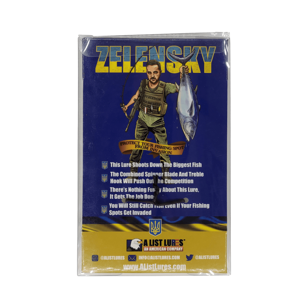 Fishing lure packaging with a person holding a fish on a blue and yellow background