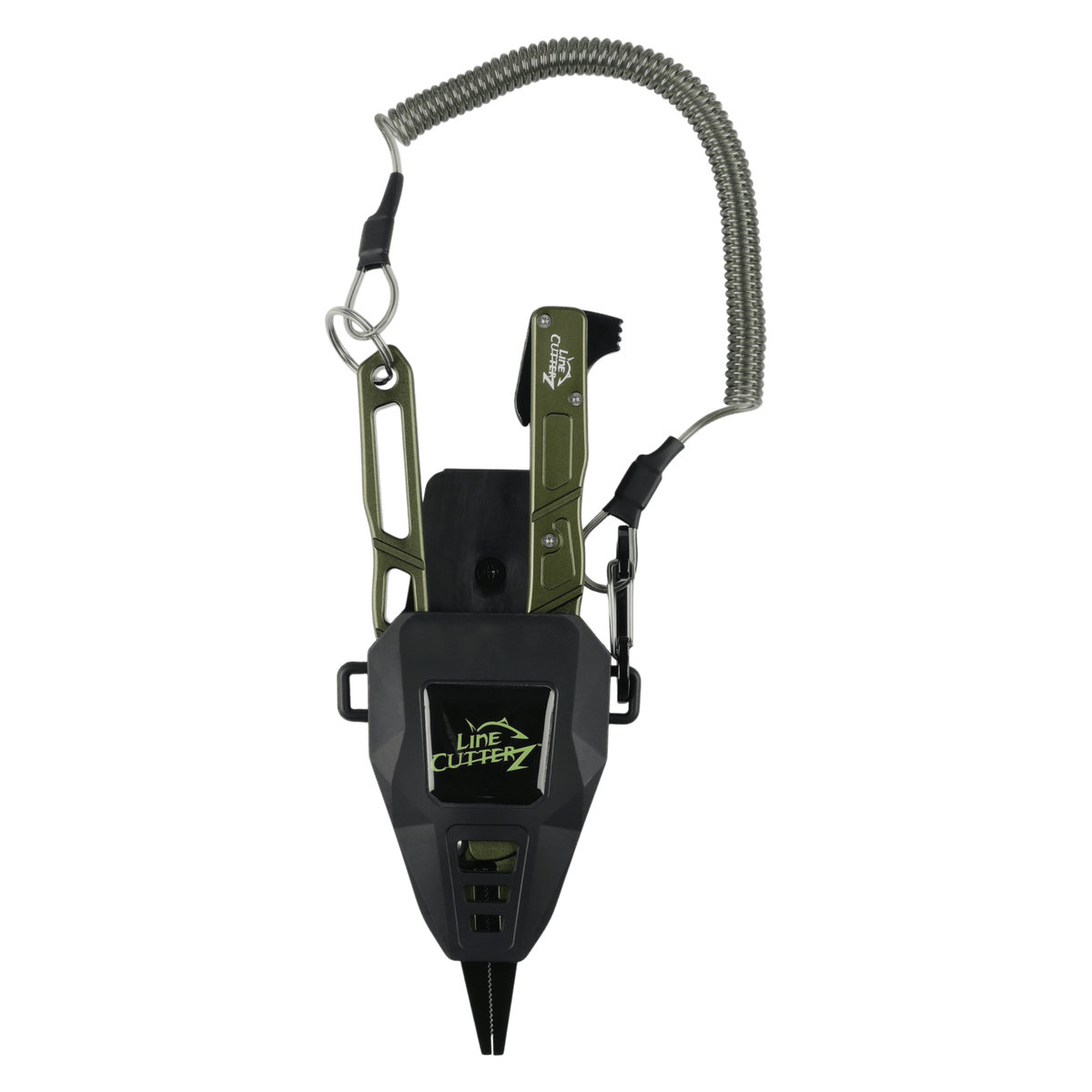 A Life Catches II fishing lure attachment with a black body, olive green metal arms, and a gray coiled cord, shown against a solid green background.