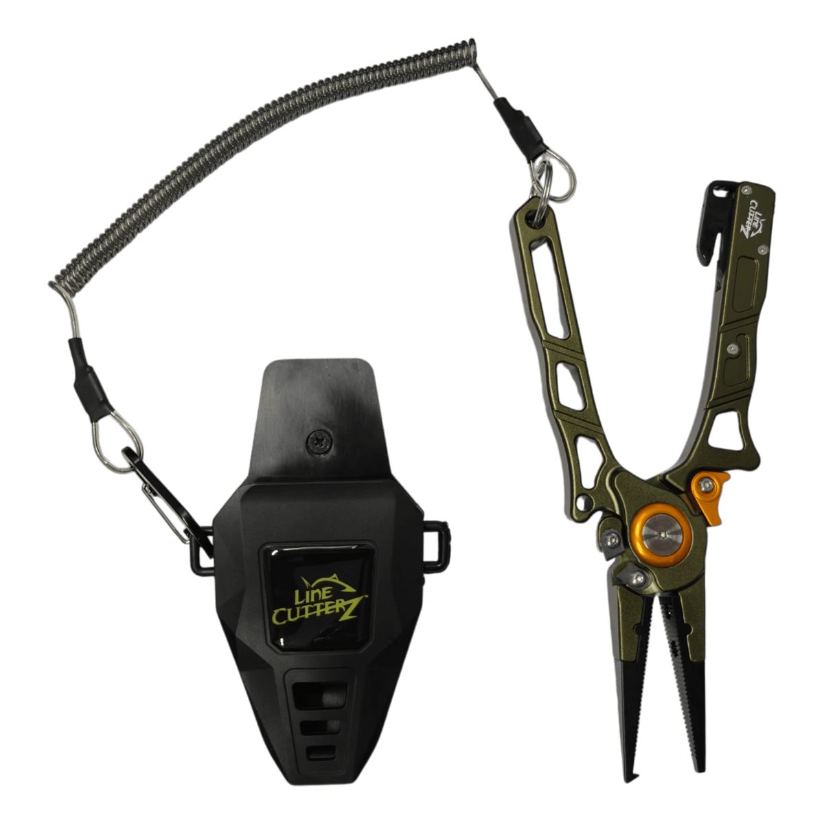 A Life Cutter II self-defense tool set featuring a black pepper spray canister with a coiled cord and carabiner, alongside a multi-tool with olive green and orange accents, on a solid green background.