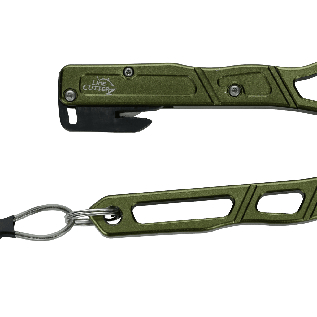 Green multi-tool with keychain attachment on a transparent background