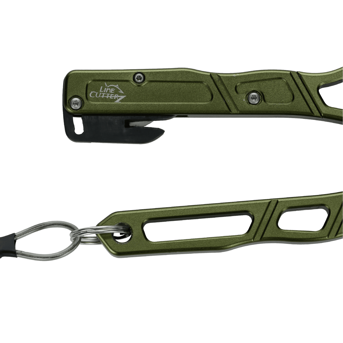 Green multi-tool with keychain attachment on a transparent background