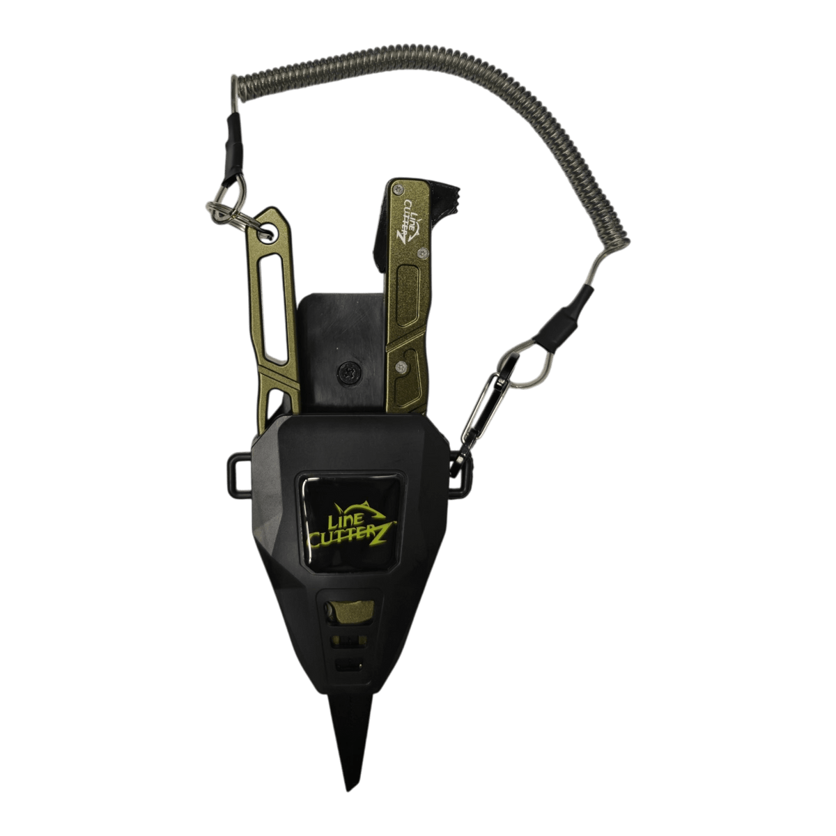 A black and olive green live fishing cutter rig with a coiled cord, carabiner, and knife sheath, shown against a solid green background.