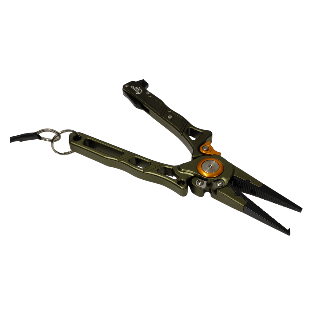 A multi-tool pliers keychain with olive green anodized aluminum handles, black textured jaws, and a bright orange accent ring, shown on a solid dark green background.
