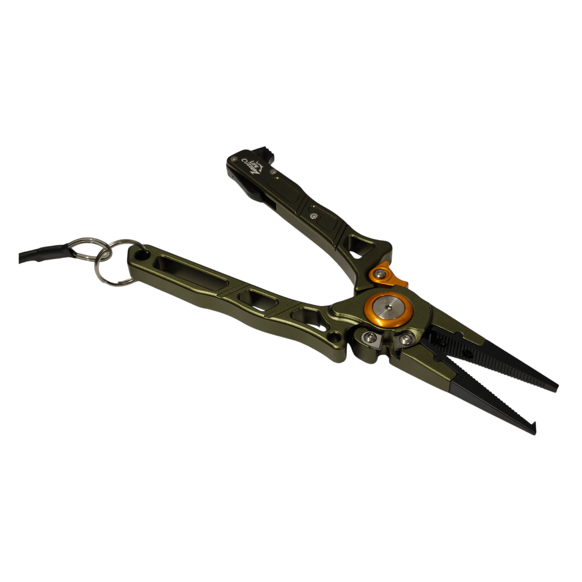 A multi-tool pliers keychain with olive green anodized aluminum handles, black textured jaws, and a bright orange accent ring, shown on a solid dark green background.