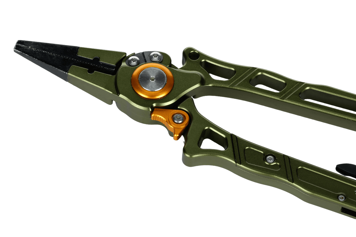 Green pliers with orange accents on a transparent background