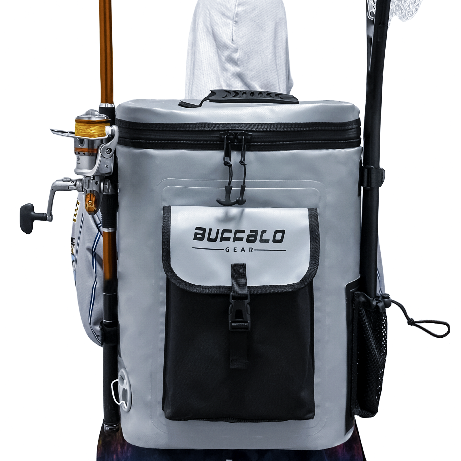 Gray cooler bag with black accents and 'Buffalo Gear' logo, attached to a fishing rod holder.