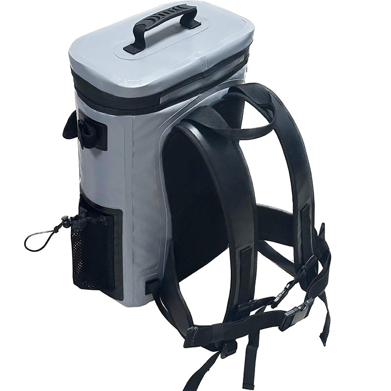 Gray cooler backpack with black straps on a white background