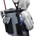 Person wearing a gray backpack with fishing gear, including a rod and reel, on a white background.