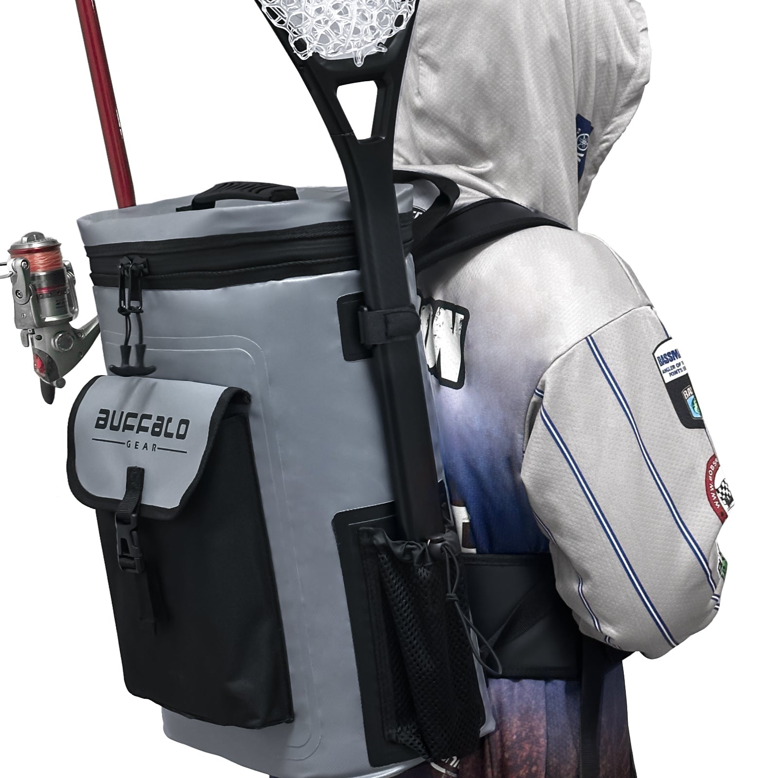 Person wearing a gray backpack with fishing gear, including a rod and reel, on a white background.