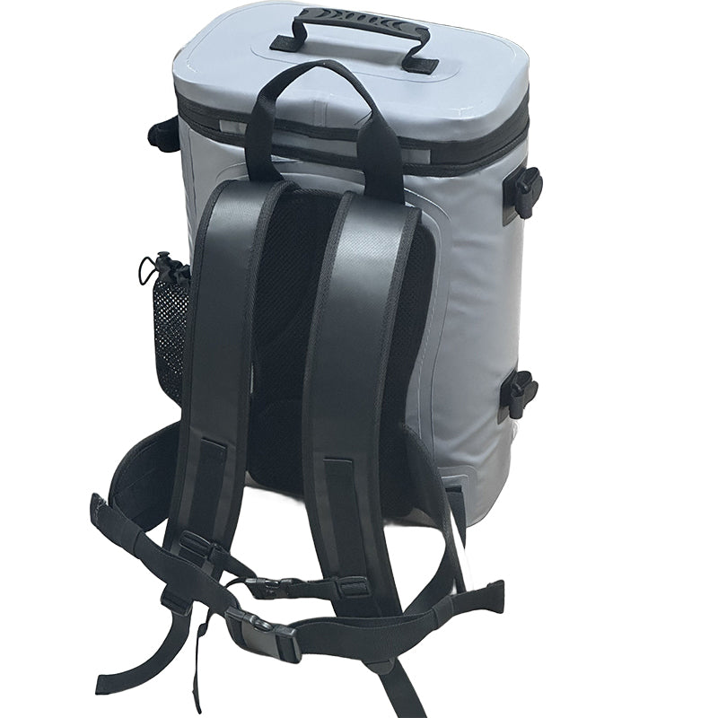 Gray cooler bag with black straps on a white background