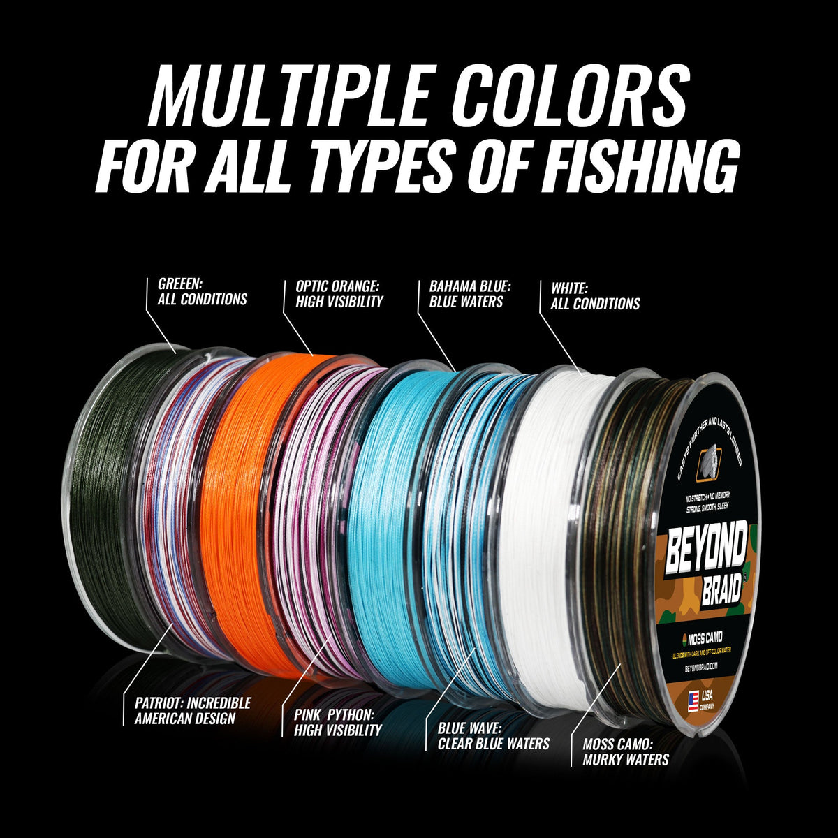 Fishing line spools in various colors with labels on a black background
