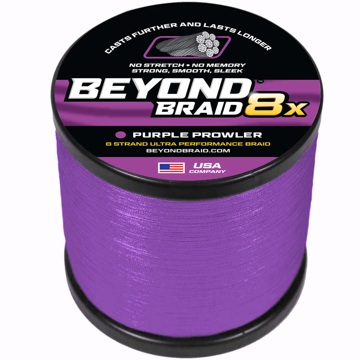A spool of purple fishing line labeled 'BEYOND BRAID 8x Purple Prowler' on a clean white background.
