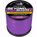 A spool of purple fishing braid from the brand Beyond Braid, specifically the 'Purple Prowler' 8x line. The spool features a black plastic base and a black top label with purple, white, and yellow text.