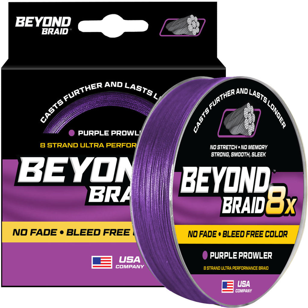Beyond Braid 8x Purple Prowler fishing line spool shown next to its retail packaging box. The product is a 8-strand ultra-perform braided fishing line in purple.