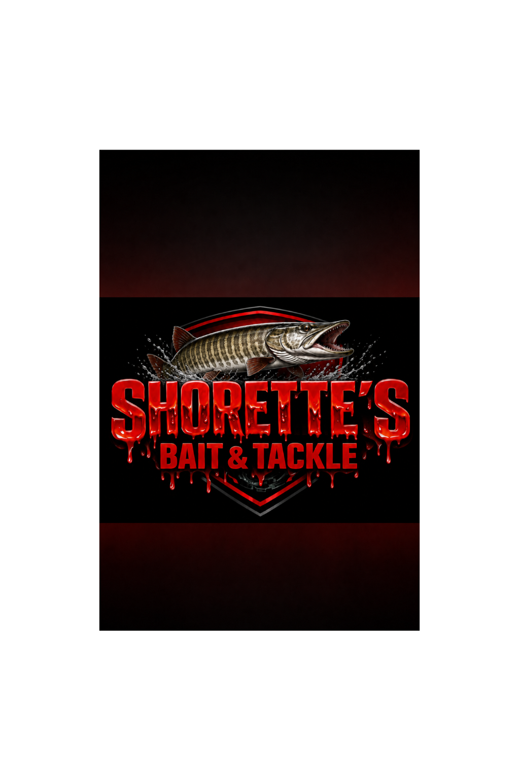 A graphic logo for Shorette's Bait & Tackle featuring a detailed northern pike fish with its mouth open, set against a black background with red dripping text.
