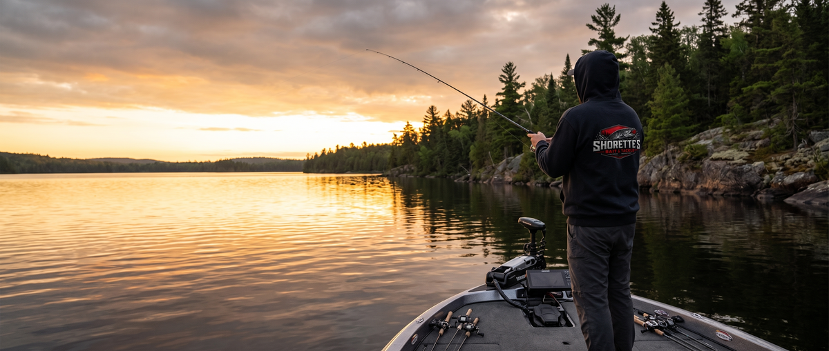 A person stands on the bow of a boat in a lake at sunset, holding a fishing rod. The person wears a black hoodie with a 'Shorties' brand logo on the back.